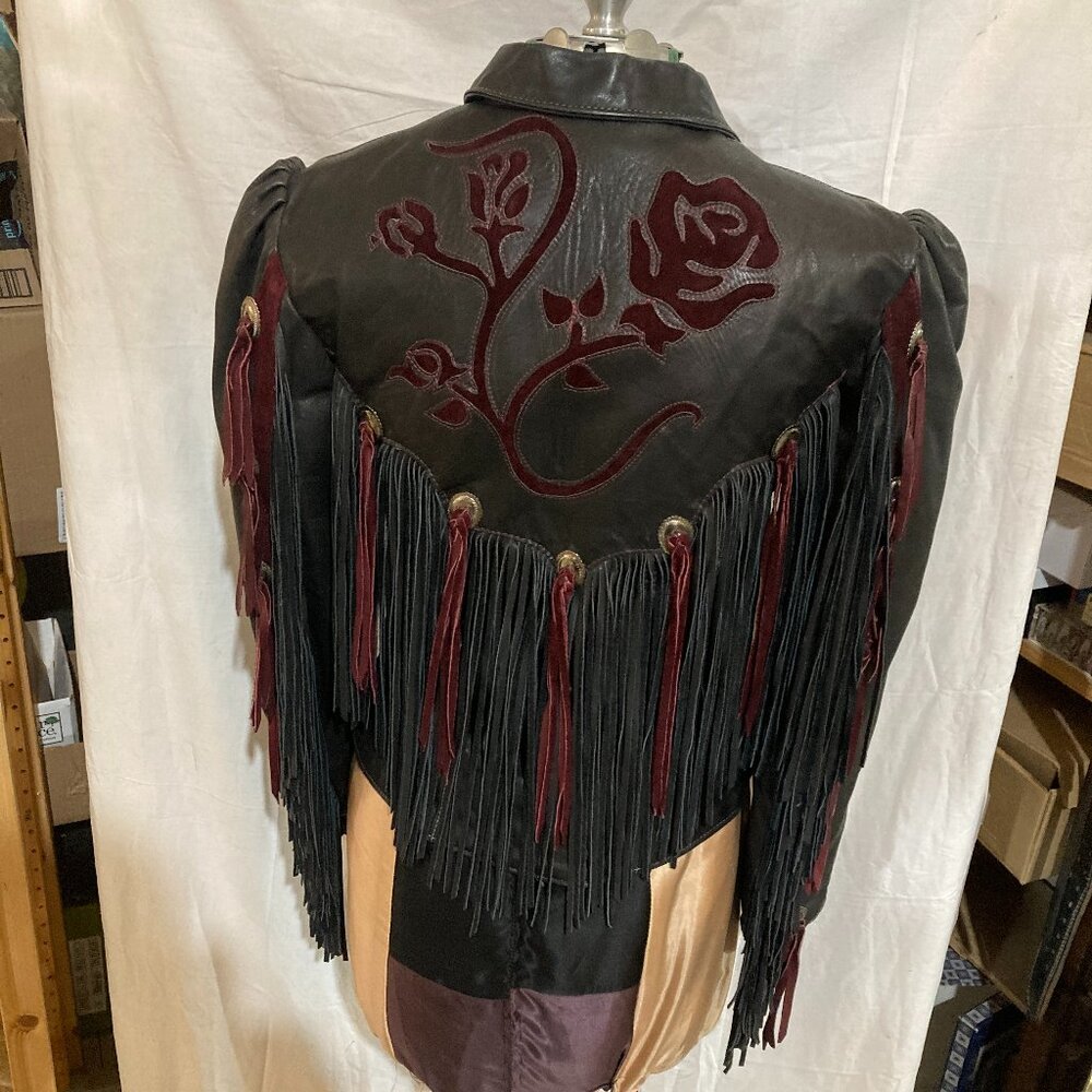 Vtg DALLAS LEATHER USA red/black fringe cowboy western womens jacket sz 12